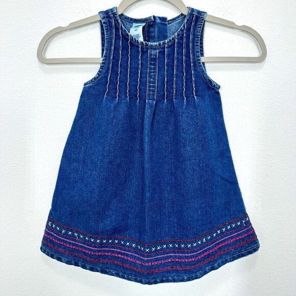 Vintage Y2K Old Navy Girls 2T Denim Jean Dress Pink Embroidered Adorable - Picture 1 of 6